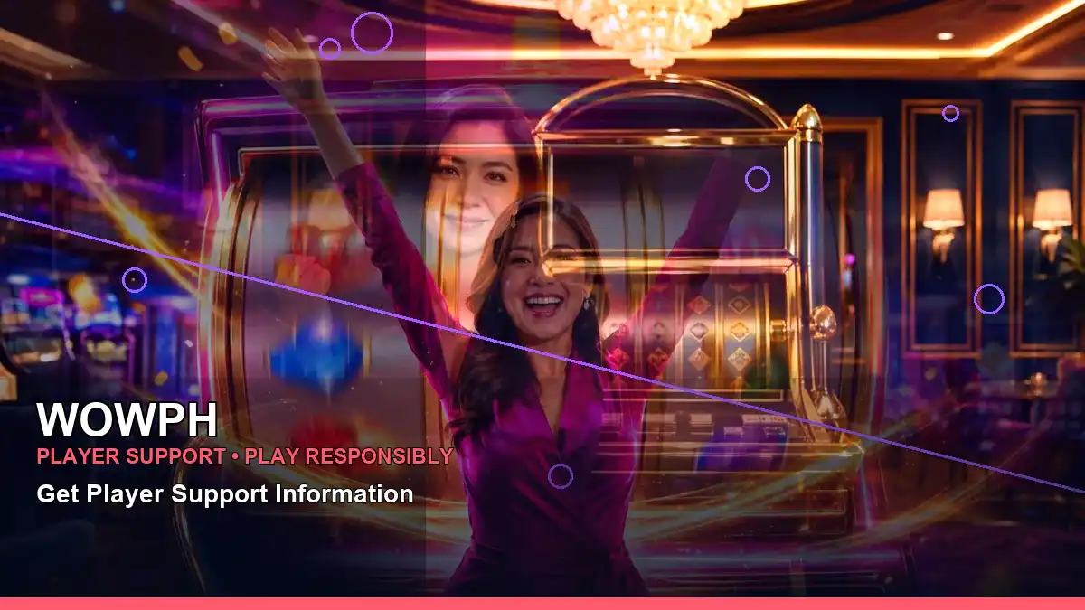 WOWPH casino game information with an adult Filipina host shown in a close-up composition
